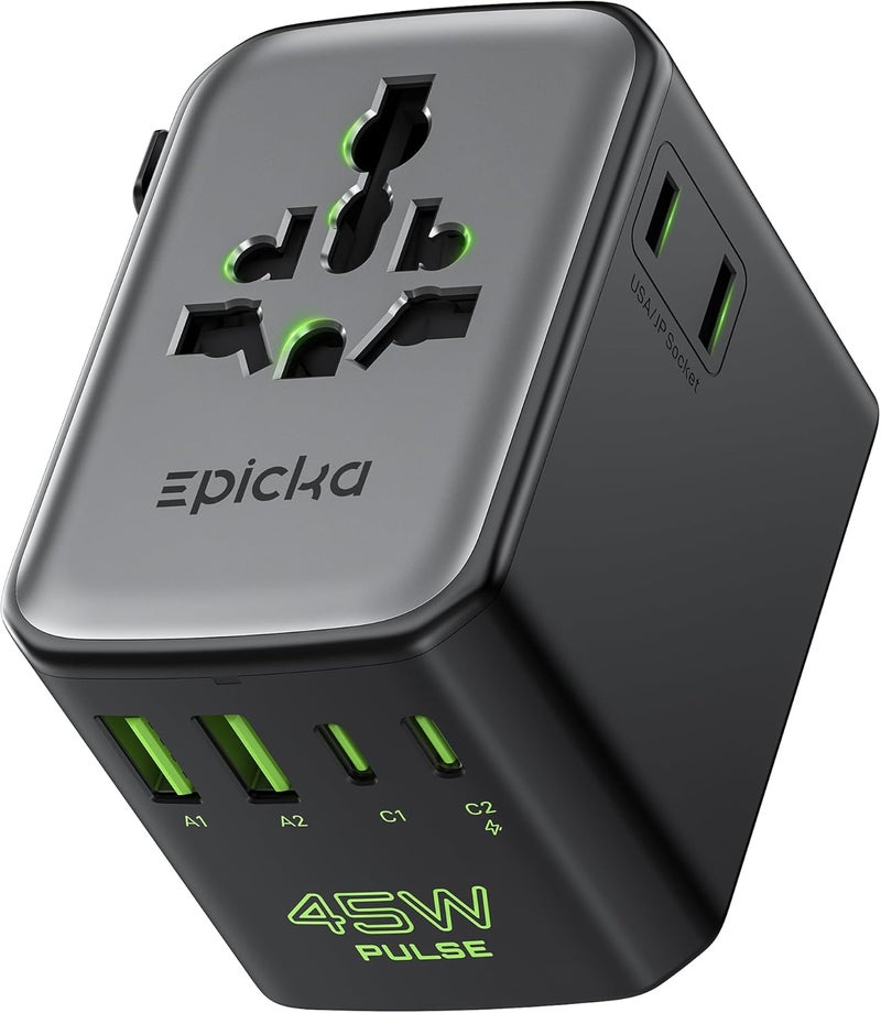 EPICKA Pulse Duo 45W Universal Travel Adapter, International Power Adapter with PD & QC 3.0 Fast Charging for 2 Devices Simultaneously, European Travel Plug Adapter, Travel Essentials (Black) - Image 1